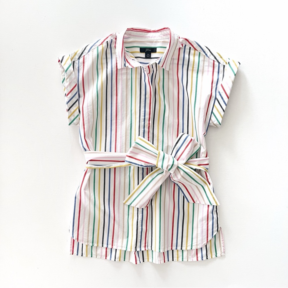 J. Crew Button Front Tie-Waist Top in Rainbow Mini Stripe Cotton Poplin Size XS